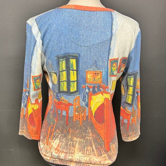 vintage women's Medium Van Gogh print painting T-shirt 3/4 sleeve scoop neck - Picture 3 of 5